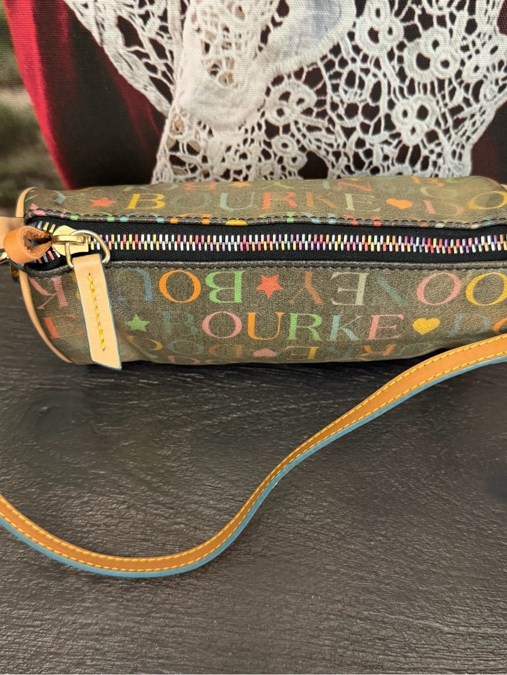 Vintage Dooney & Bourke Multicolor Script mini shoulder barrel bag - Picture 8 of 10